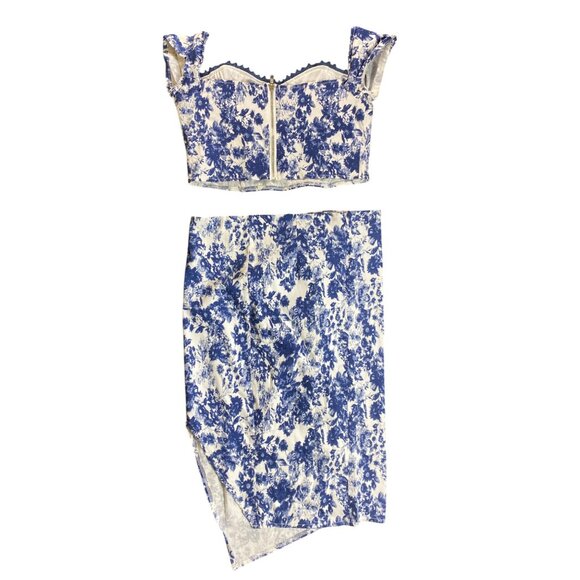 Fashion Nova XL Blue & White Floral Print Two-Piece Skirt Set SEXY Stretch Pinup - Picture 2 of 7